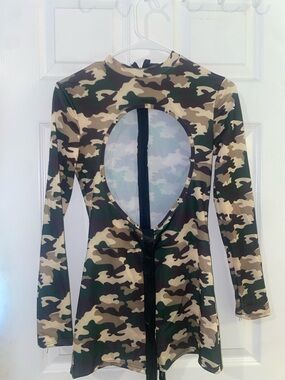 Women's Green Camo Long-Sleeve Romper Jumpsuit with Back Cutout